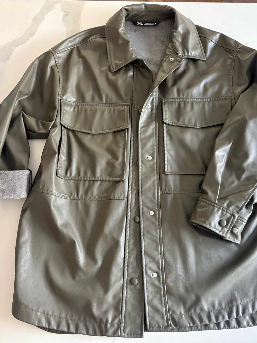 Zara Olive Faux Leather Jacket/Shacket Sz Medium